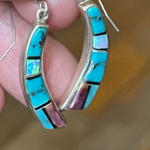 VTG Native American Earrings St Silver 925 Turquoise Opal Inlay Signed Marked - Picture 7 of 8